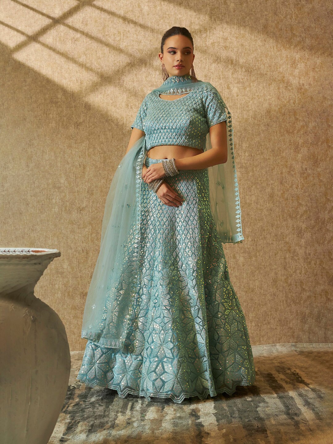 

Soch Embellished Sequinned Detail Unstitched Lehenga & Blouse With Dupatta, Blue