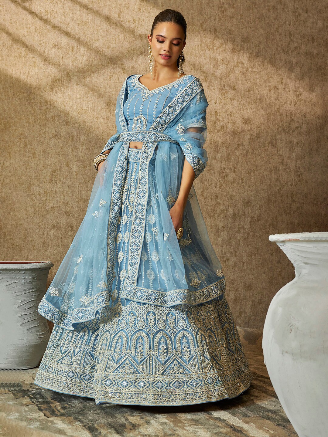 

Soch Embroidered Sequinned Net Unstitched Lehenga & Blouse With Dupatta, Blue