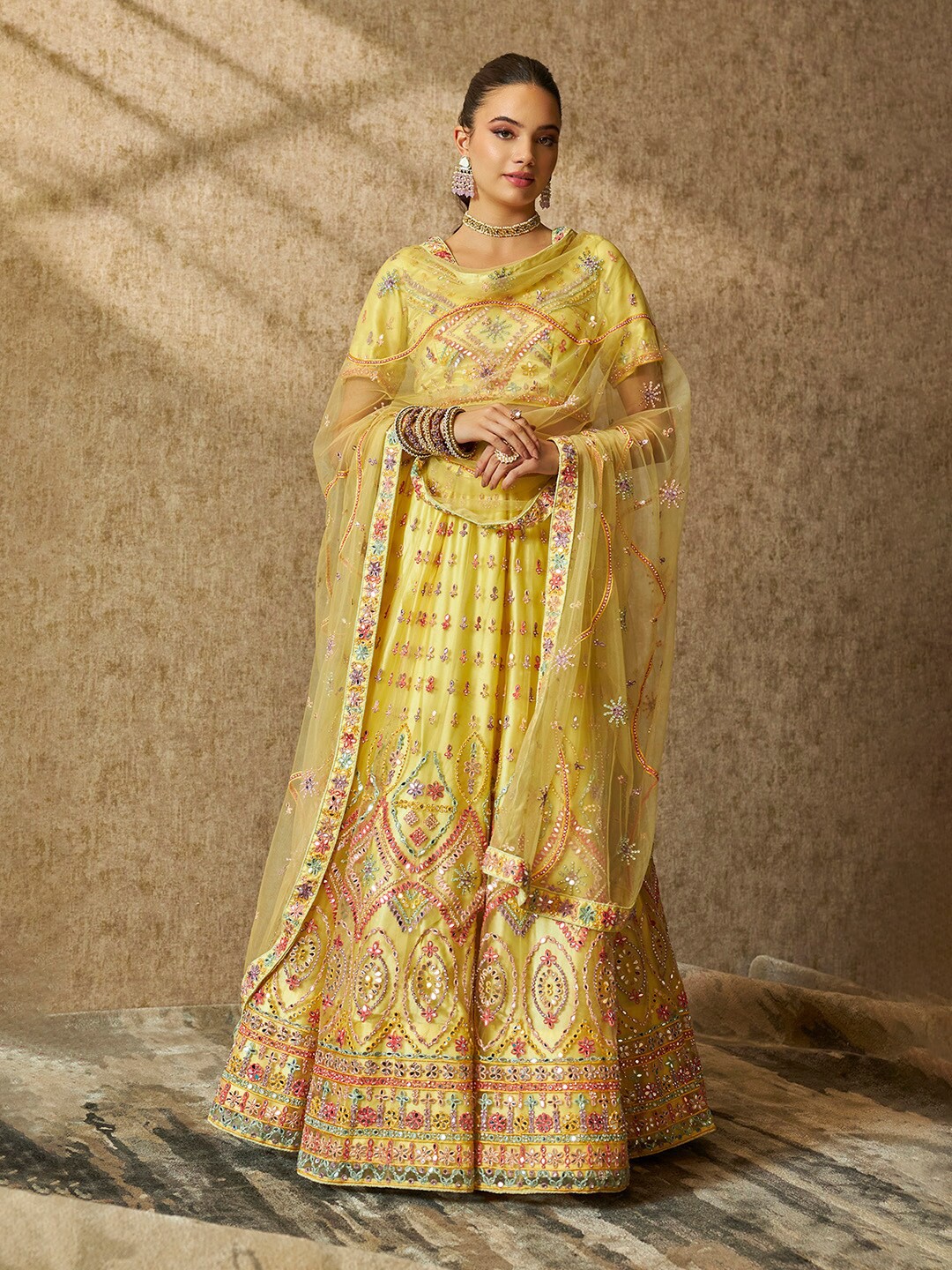 

Soch Yellow Embellished Mirror Work Unstitched Lehenga & Blouse With Dupatta