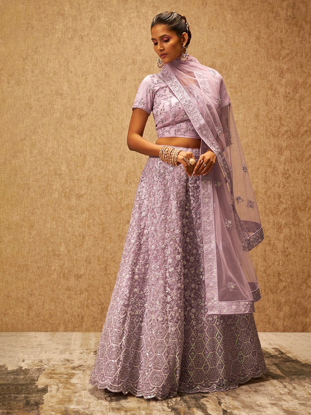 

Soch Embellished Sequinned U-Neck Unstitched Lehenga & Blouse With Dupatta, Purple