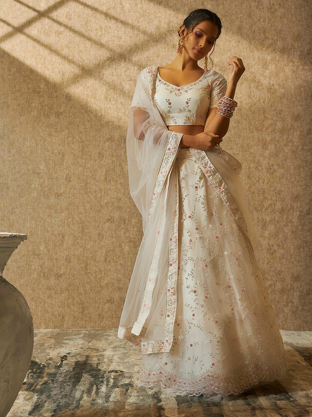 

Soch Embroidered Beads And Stones Net Unstitched Lehenga & Blouse With Dupatta, Off white