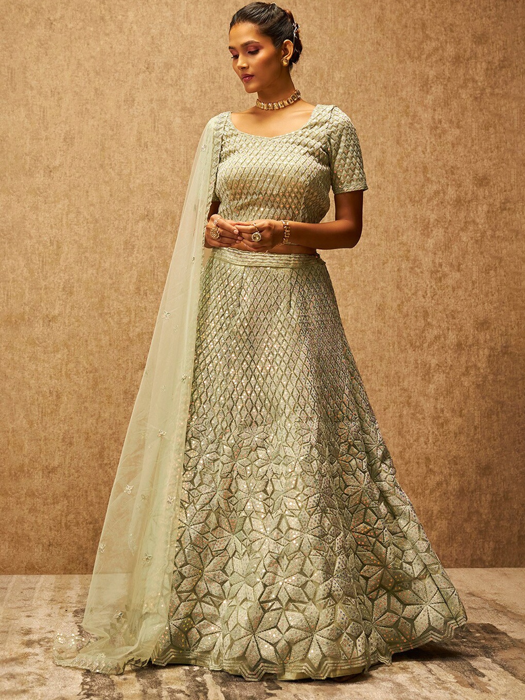 

Soch Green Ethnic Motifs Embellished Sequinned Unstitched Lehenga & Blouse With Dupatta