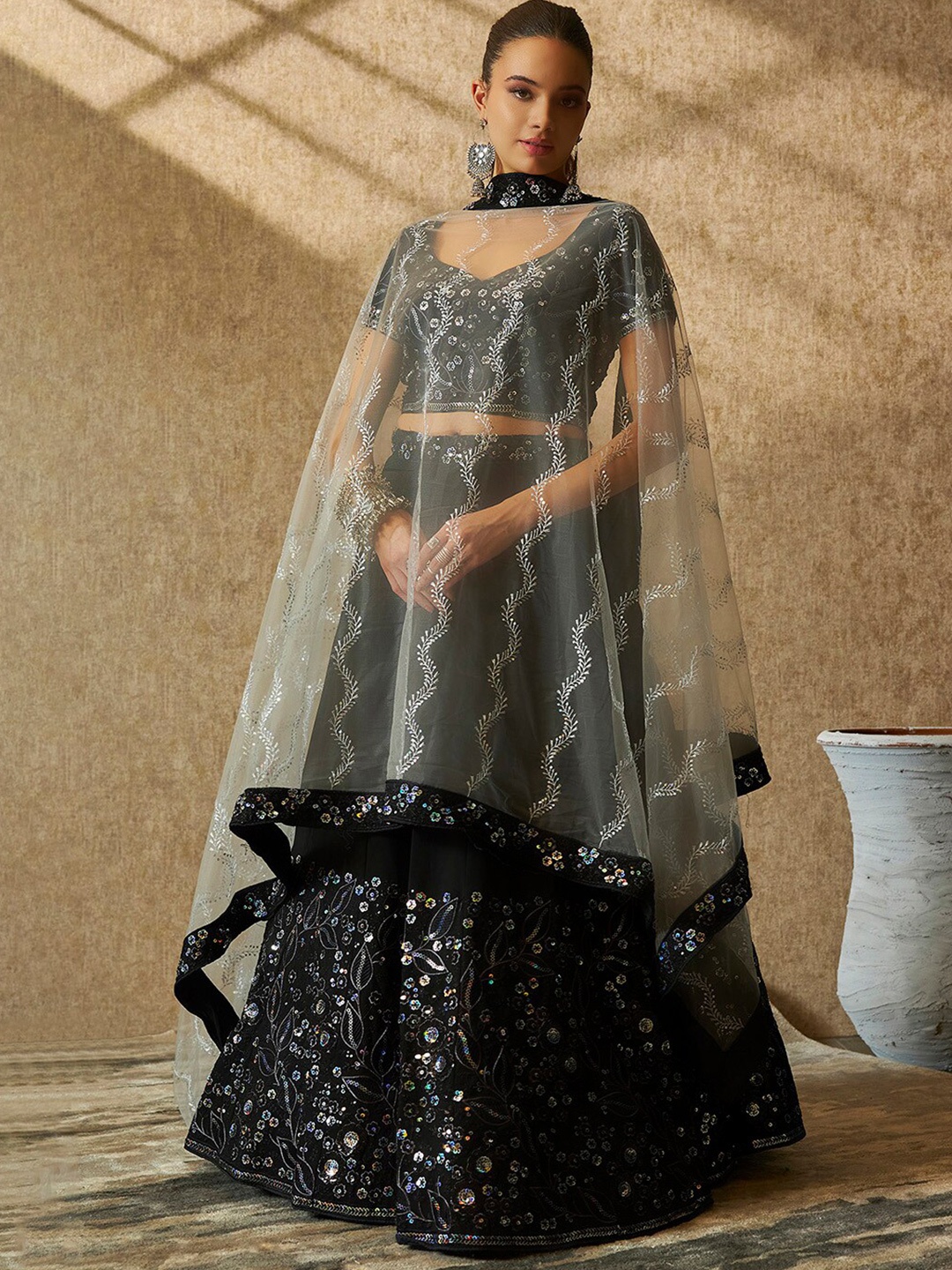 

Soch Embroidered Sequinned Net Unstitched Lehenga & Blouse With Dupatta, Black