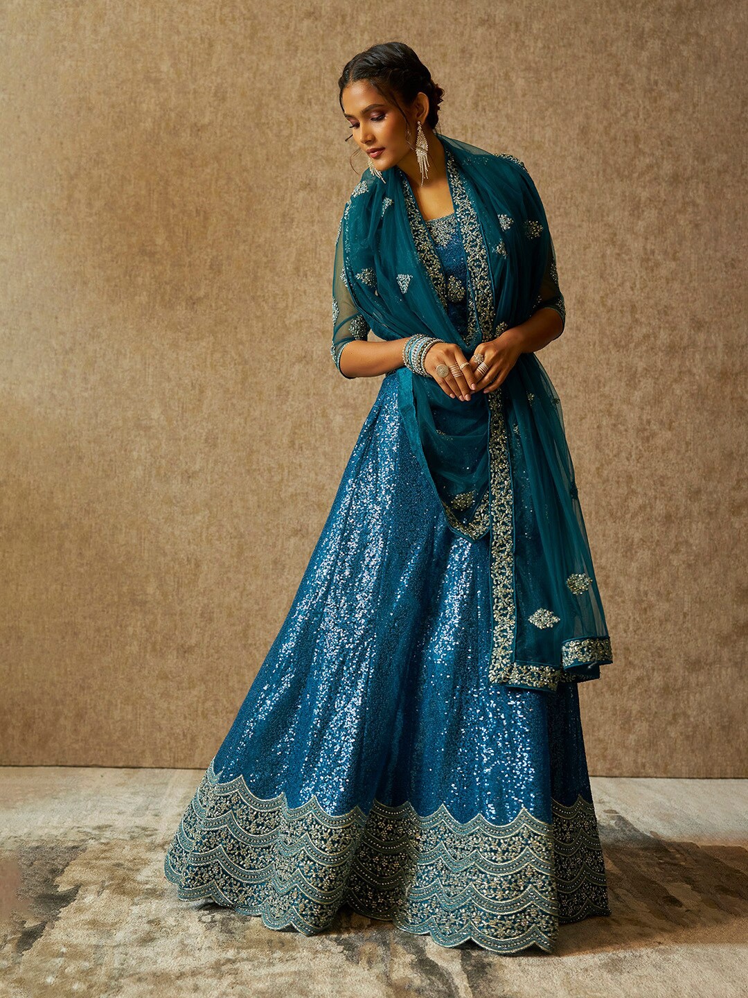 

Soch Ethnic Motifs Embellished Sequinned Unstitched Lehenga & Blouse With Dupatta, Blue