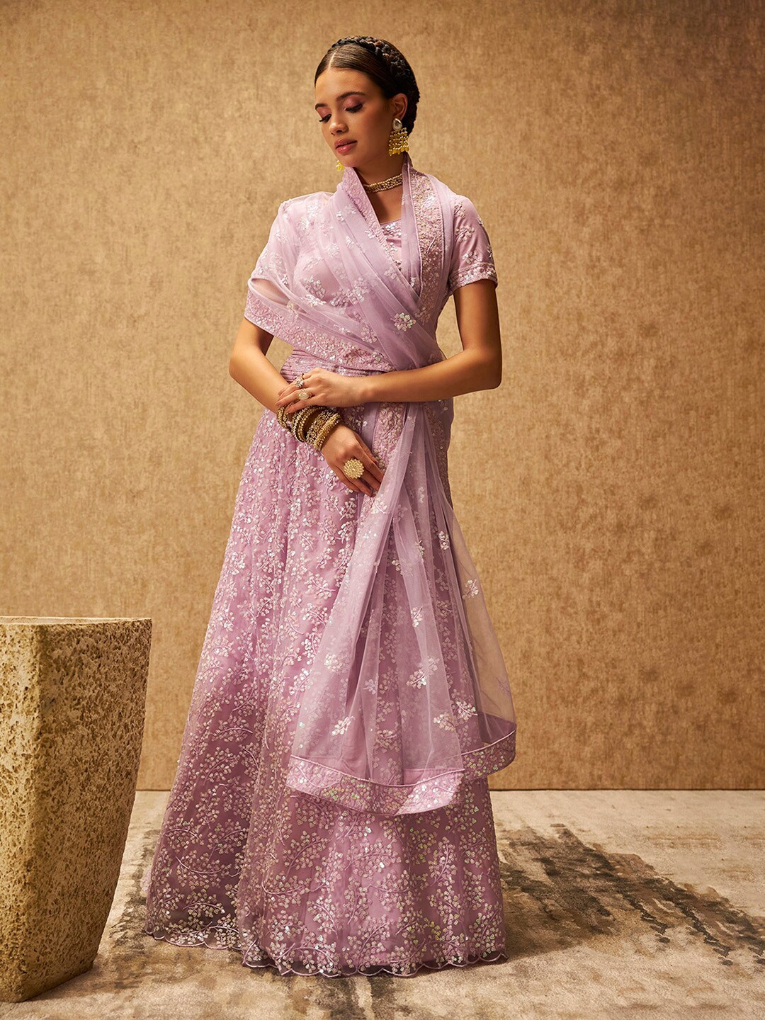 

Soch Embroidered Sequinned Net Unstitched Lehenga & Blouse With Dupatta, Purple