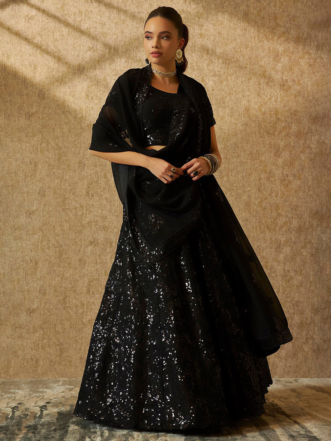 

Soch Embellished Sequinned Round Neck Unstitched Lehenga & Blouse With Dupatta, Black
