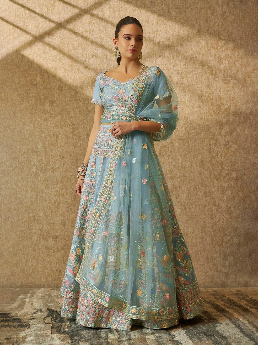 

Soch Blue Ethnic Motifs Embellished Sequinned Unstitched Lehenga & Blouse With Dupatta