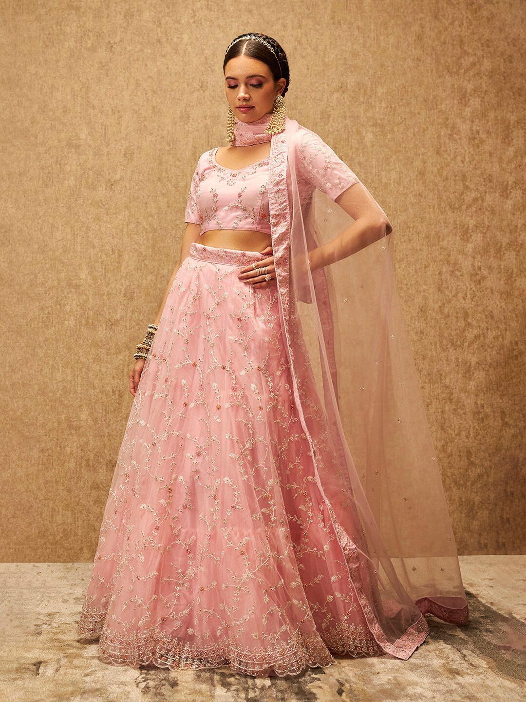 

Soch Pink Embellished Beads And Stones Unstitched Lehenga With Blouse & Dupatta