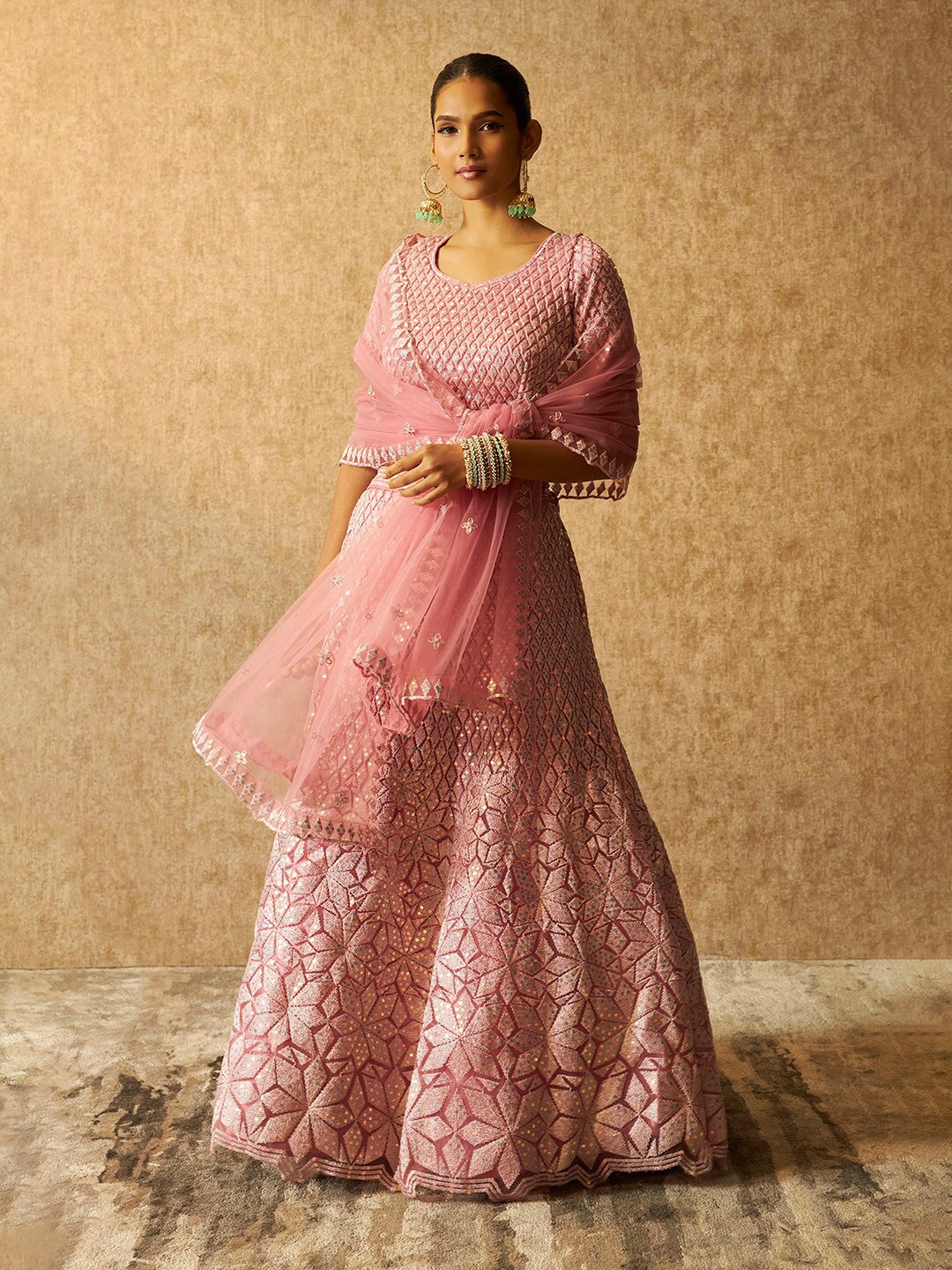 

Soch Embellished Sequinned Round Neck Unstitched Lehenga & Blouse With Dupatta, Pink