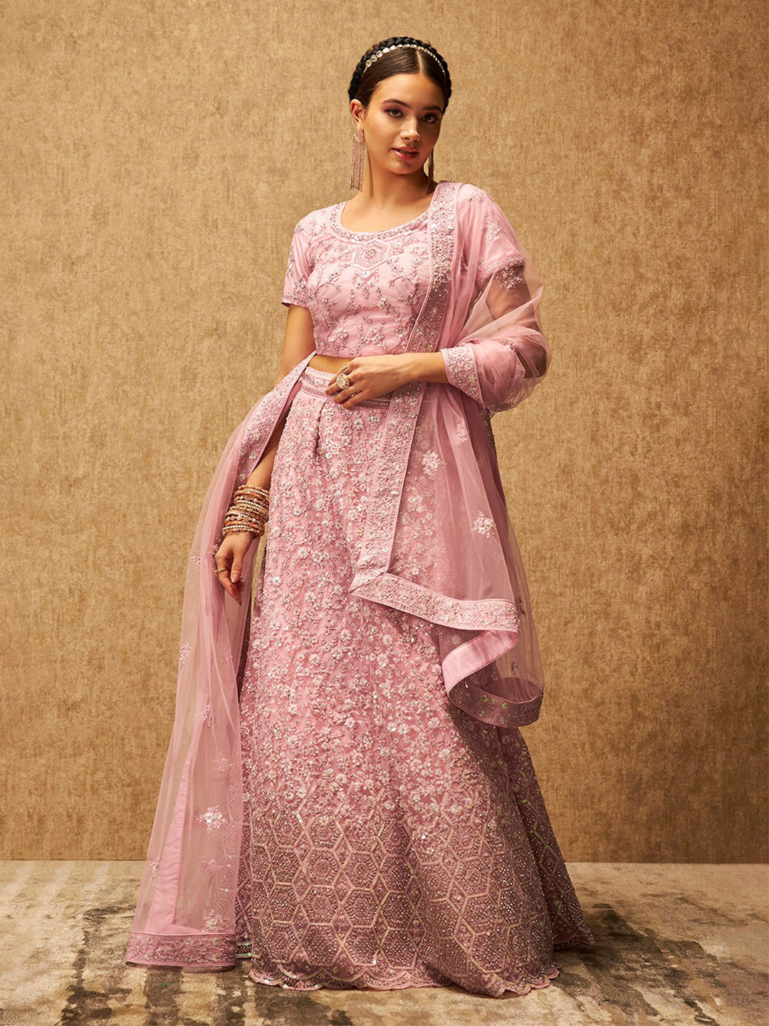 

Soch Embroidered Sequinned Net Unstitched Lehenga & Blouse With Dupatta, Pink