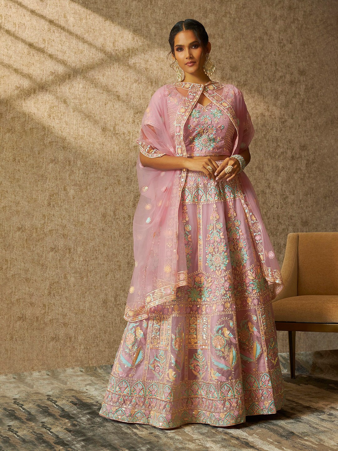 

Soch Pink Embellished Sequinned Detail Unstitched Lehenga & Blouse With Dupatta