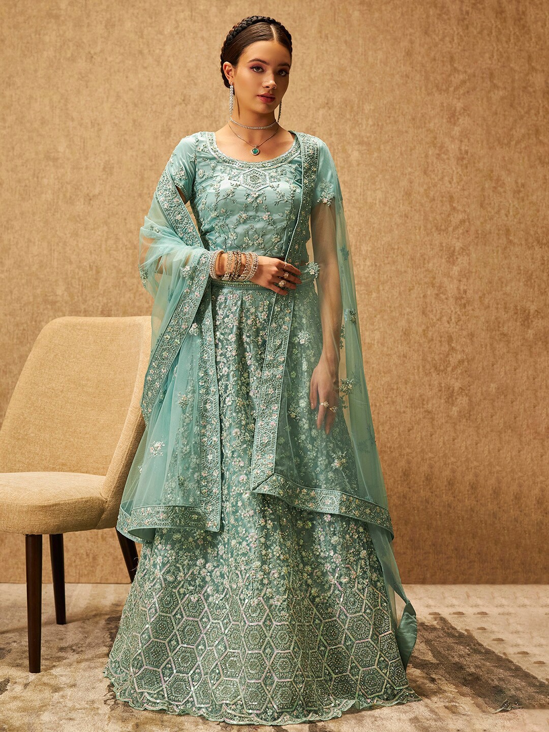 

Soch Turquoise Blue Embellished Sequinned Unstitched Lehenga & Blouse With Dupatta