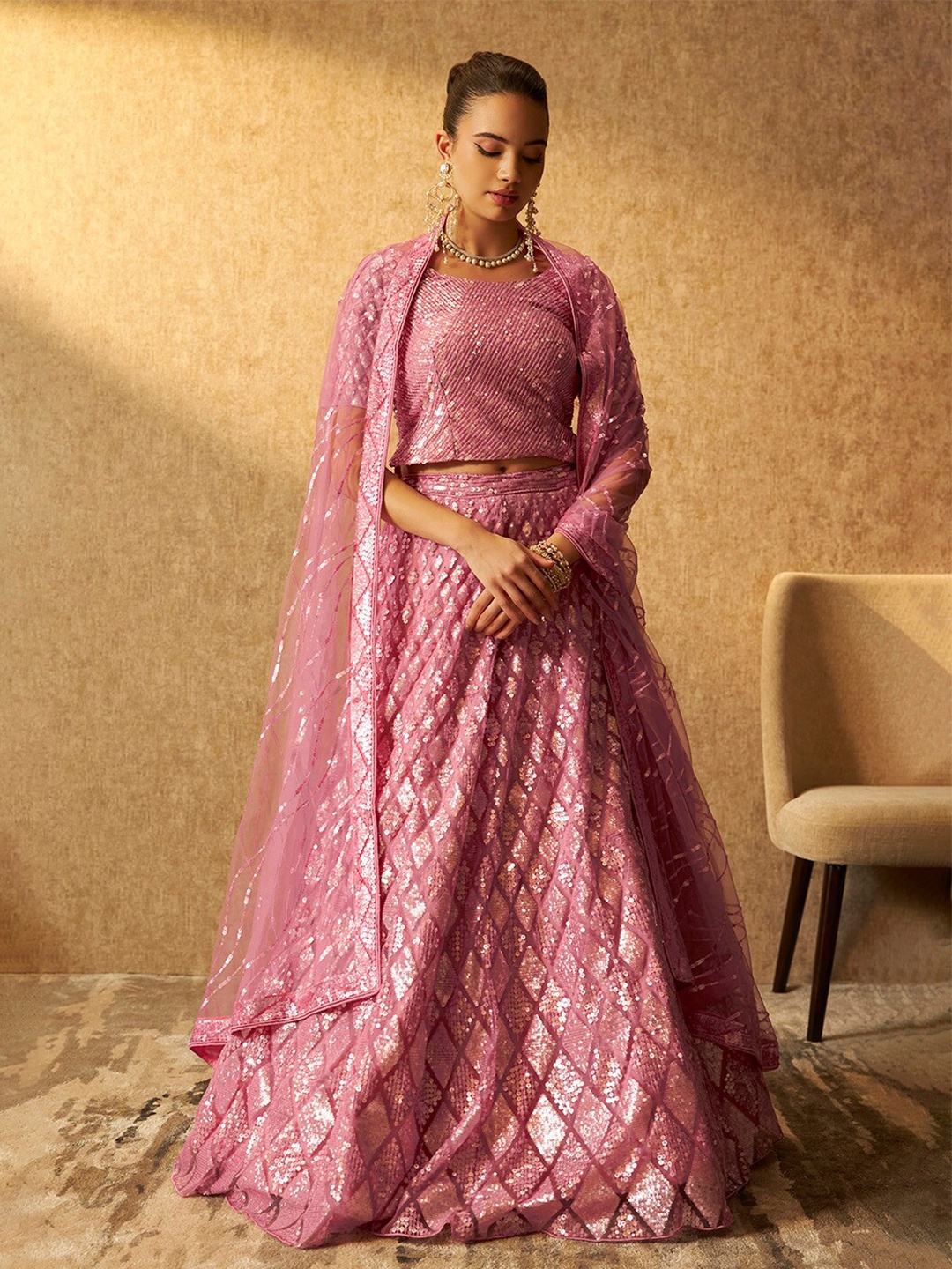 

Soch Pink Embellished Sequinned Detail Unstitched Lehenga & Blouse With Dupatta