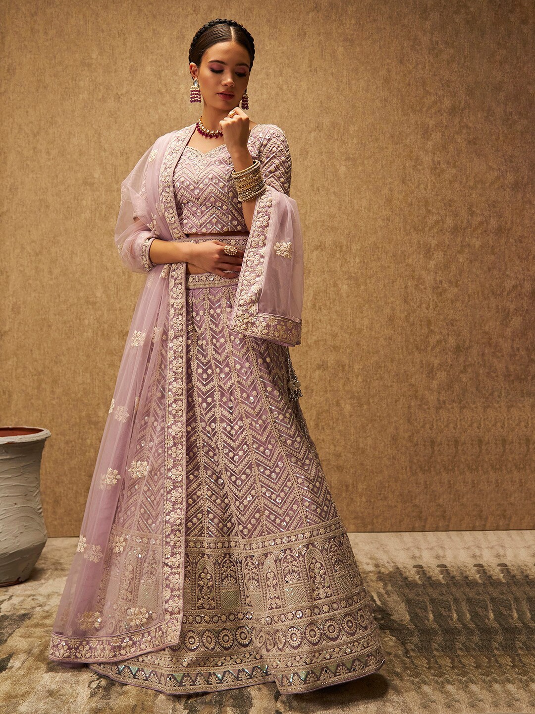 

Soch Purple Sequin Embellished Unstitched Net Lehenga & Blouse With Dupatta