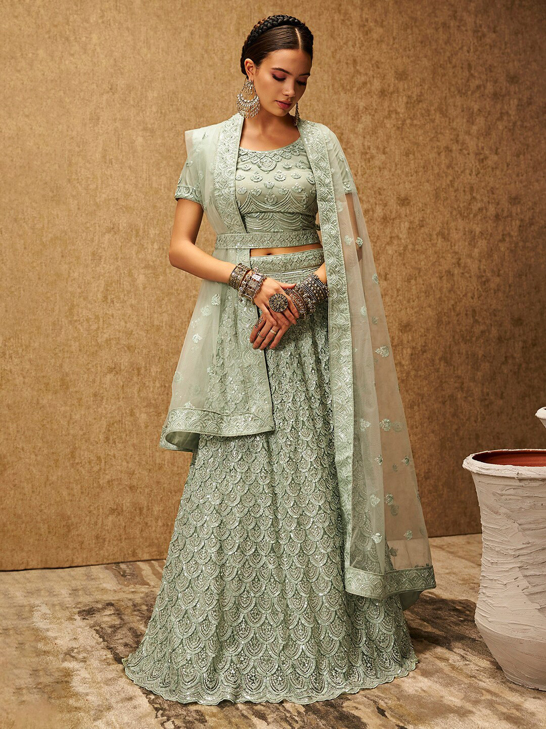 

Soch Embellished Sequinned Net Unstitched Lehenga & Blouse With Dupatta, Green