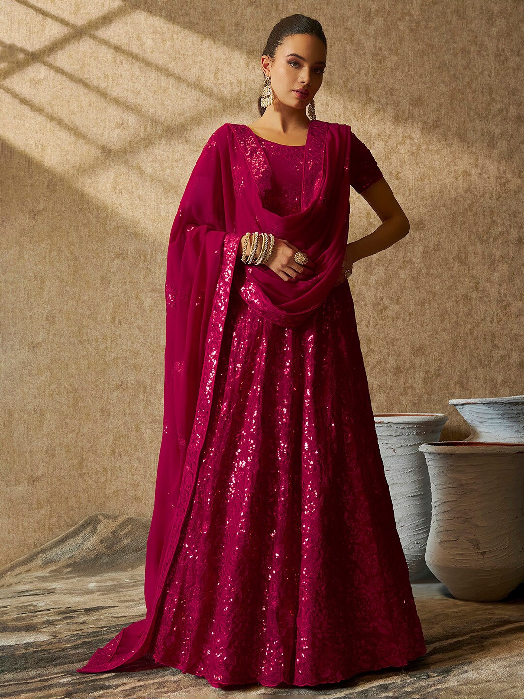 

Soch Ethnic Motifs Embellished Sequinned Unstitched Lehenga & Blouse With Dupatta, Fuchsia