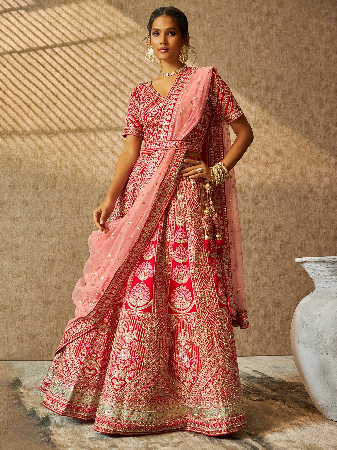 

Soch Embroidered Sequinned V-Neck Unstitched Lehenga & Blouse With Dupatta, Red