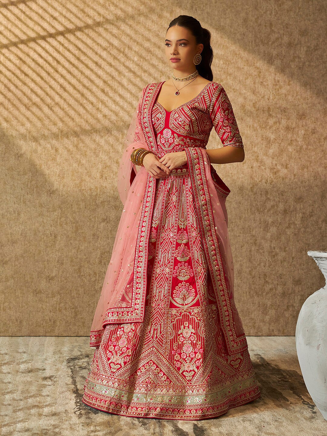 

Soch Embroidered Sequinned V-Neck Unstitched Lehenga & Blouse With Dupatta, Fuchsia