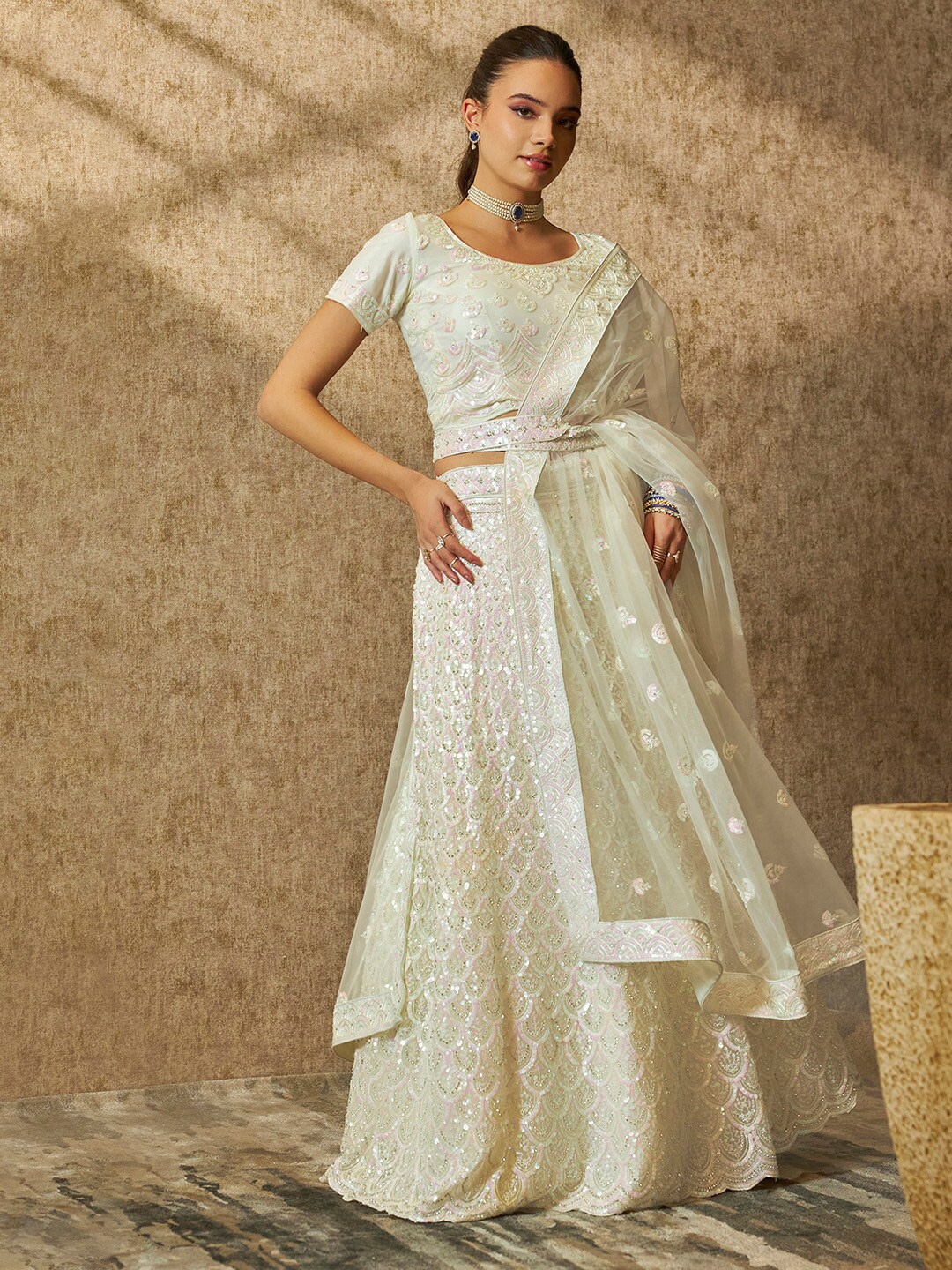 

Soch Cream-Coloured Embellished Sequinned Unstitched Lehenga & Blouse With Dupatta