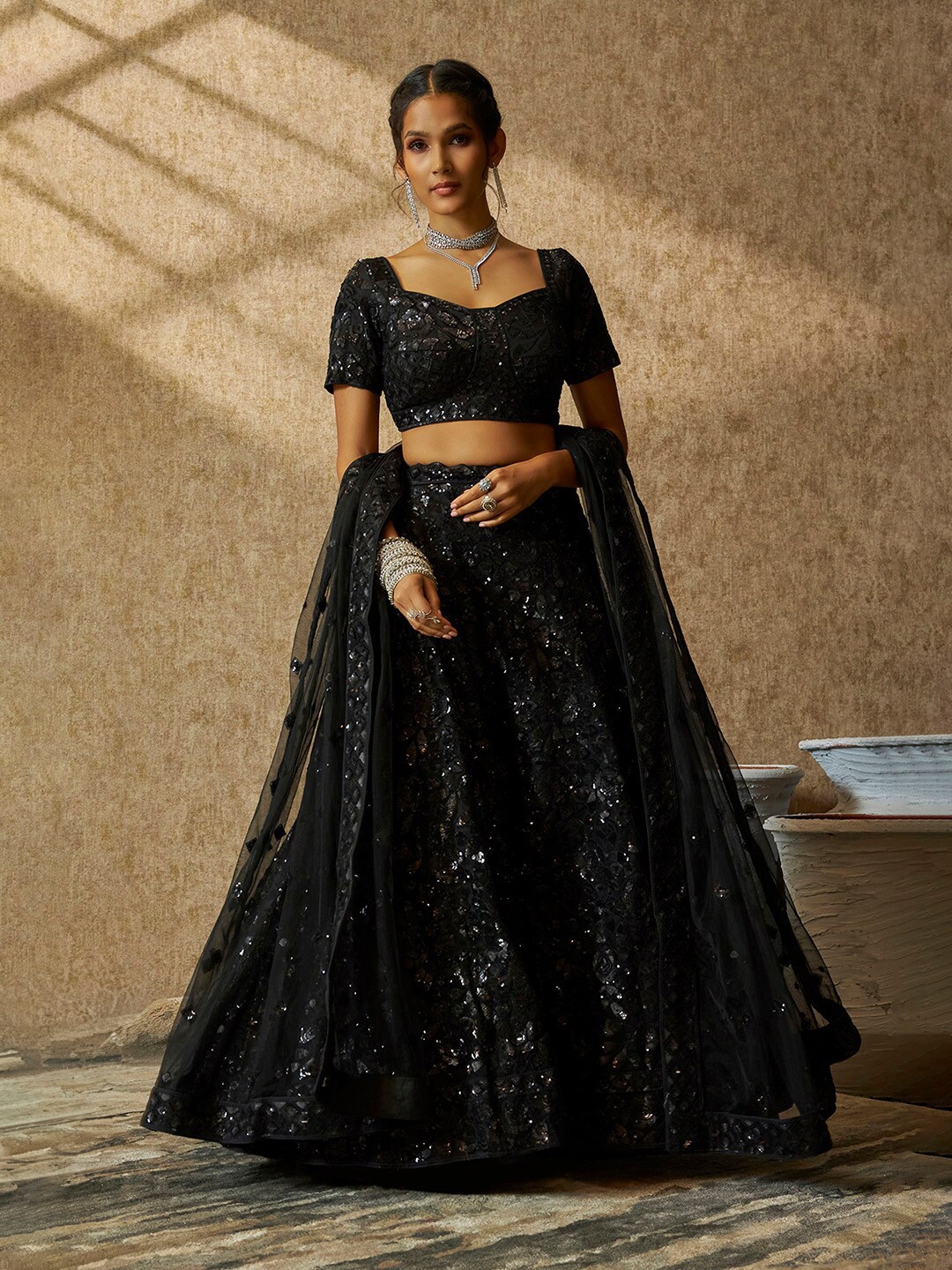 

Soch Black Embellished Sequinned Unstitched Lehenga & Blouse With Dupatta