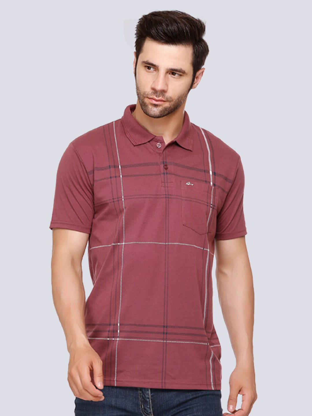 

ARRAY Striped Polo Collar Cotton T-shirt, Rust