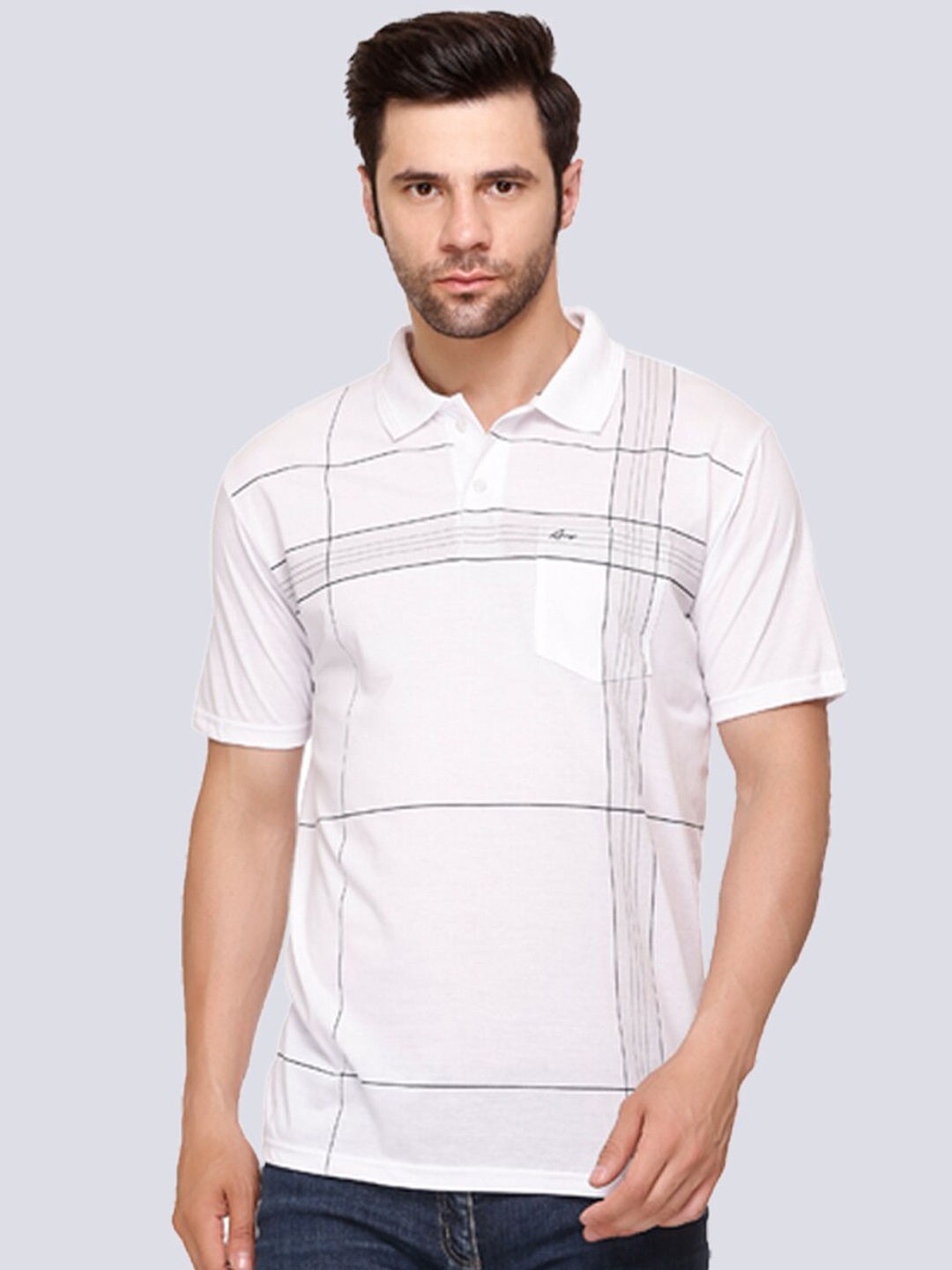 

ARRAY Striped Polo Collar Cotton T-shirt, White