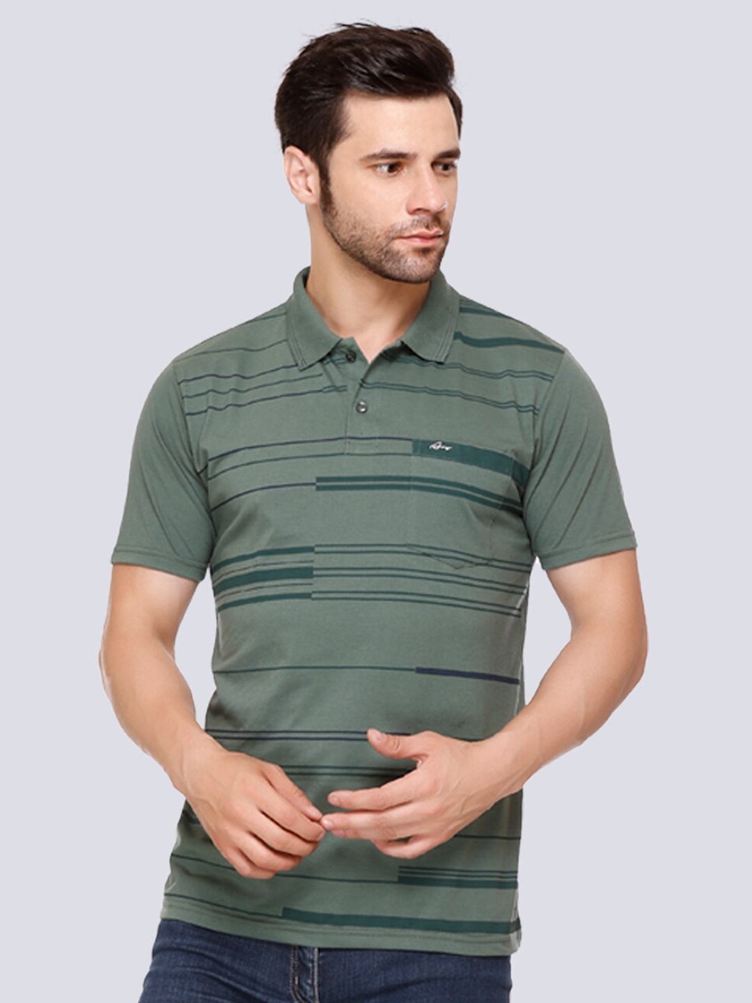 

ARRAY Striped Polo Collar Cotton T-shirt, Olive