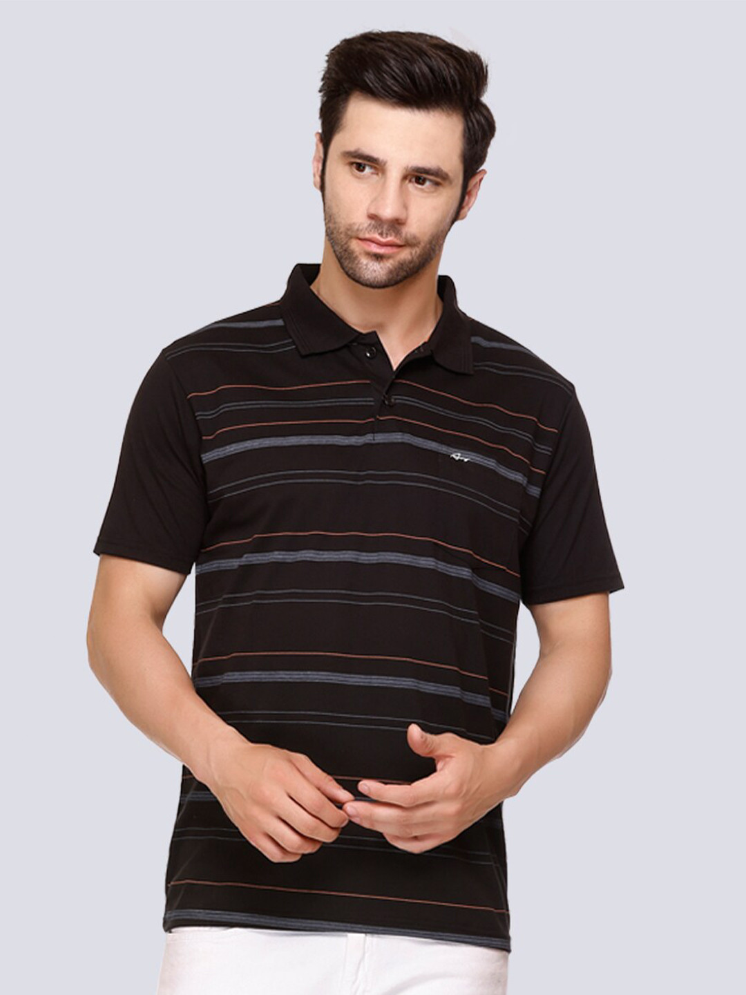 

ARRAY Striped Polo Collar Cotton T-shirt, Black
