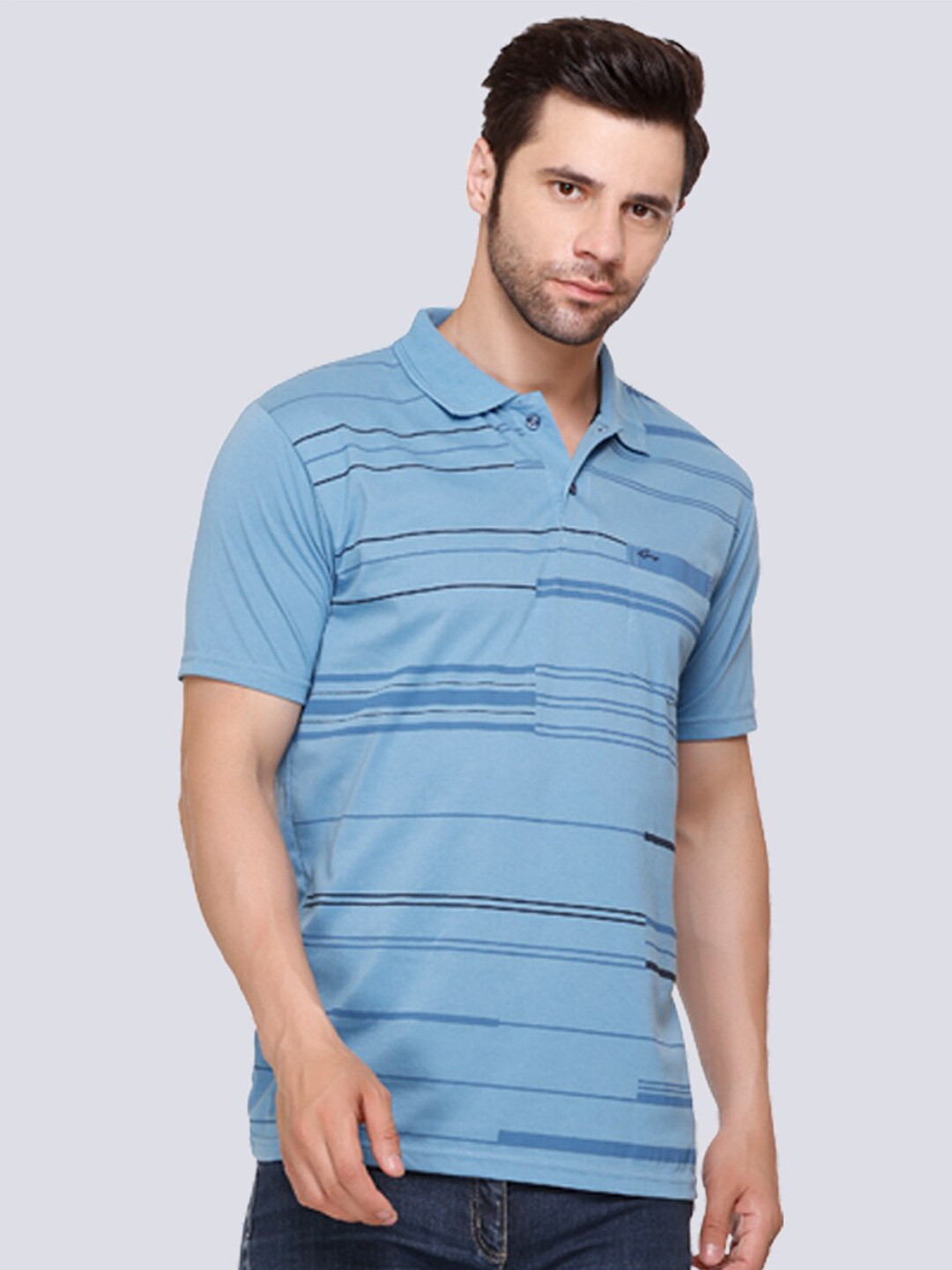 

ARRAY Striped Polo Collar Cotton T-shirt, Blue