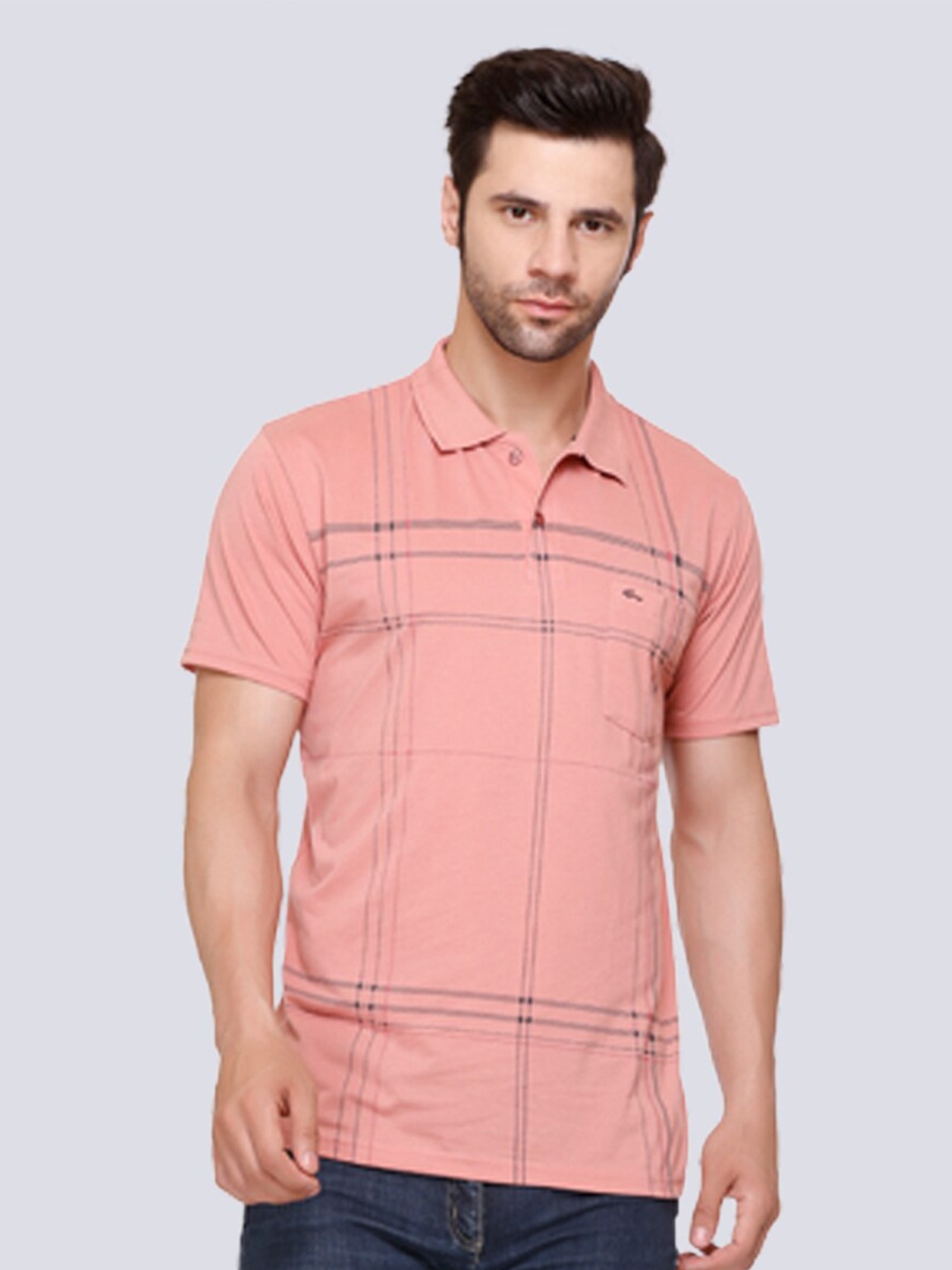 

ARRAY Checked Polo Collar Cotton T-shirt, Peach