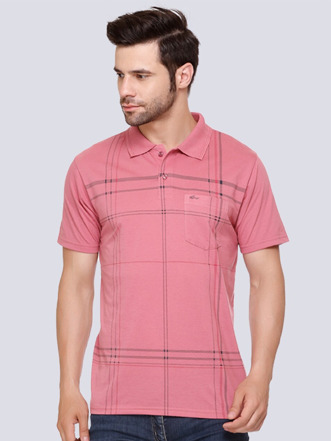 

ARRAY Striped Polo Collar Cotton T-shirt, Pink