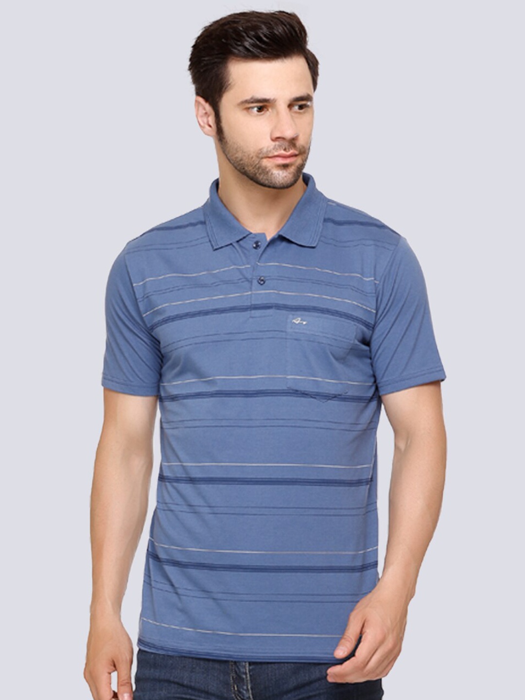 

ARRAY Striped Polo Collar Cotton T-shirt, Blue