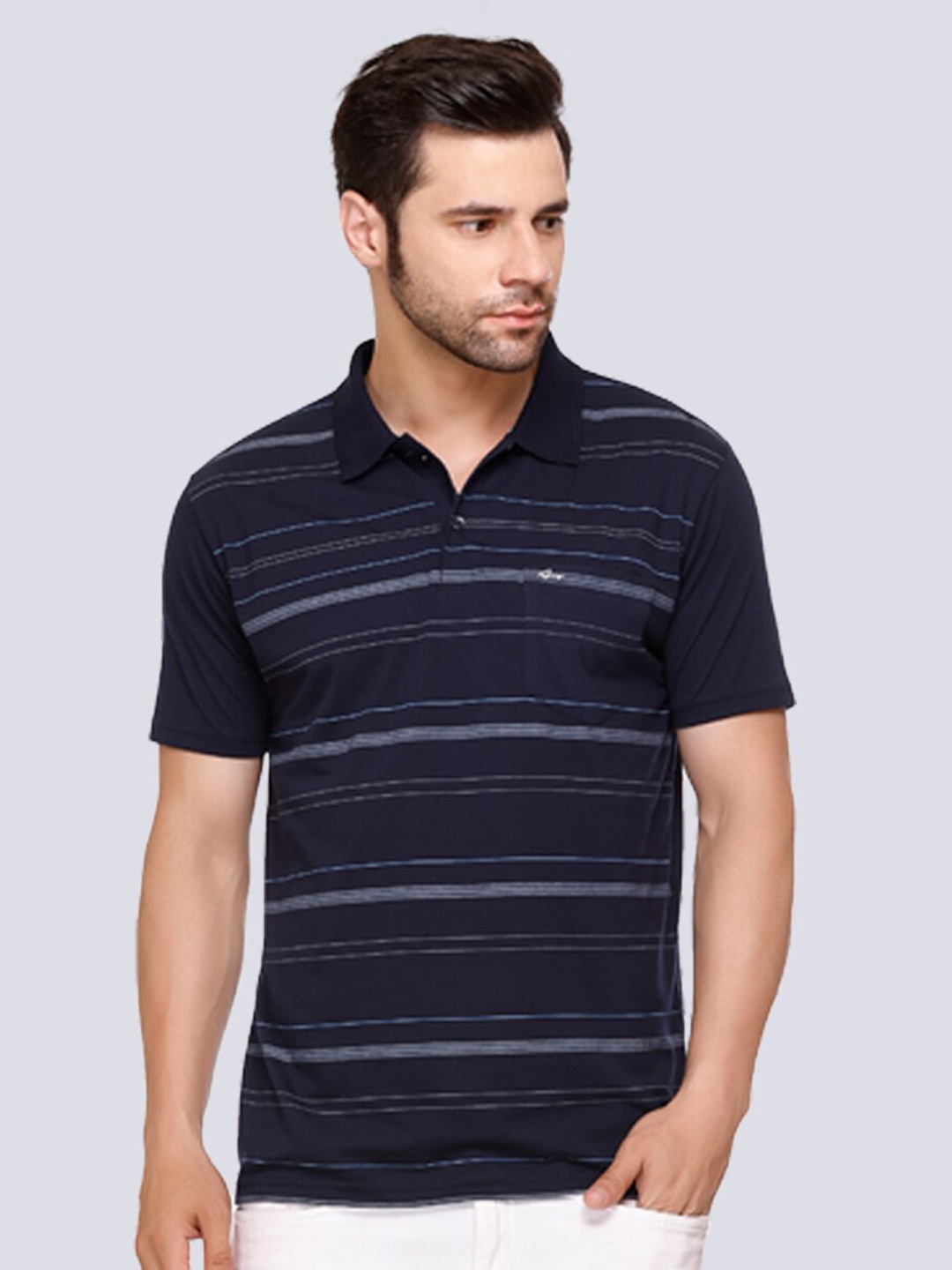 

ARRAY Striped Polo Collar Cotton T-shirt, Navy blue