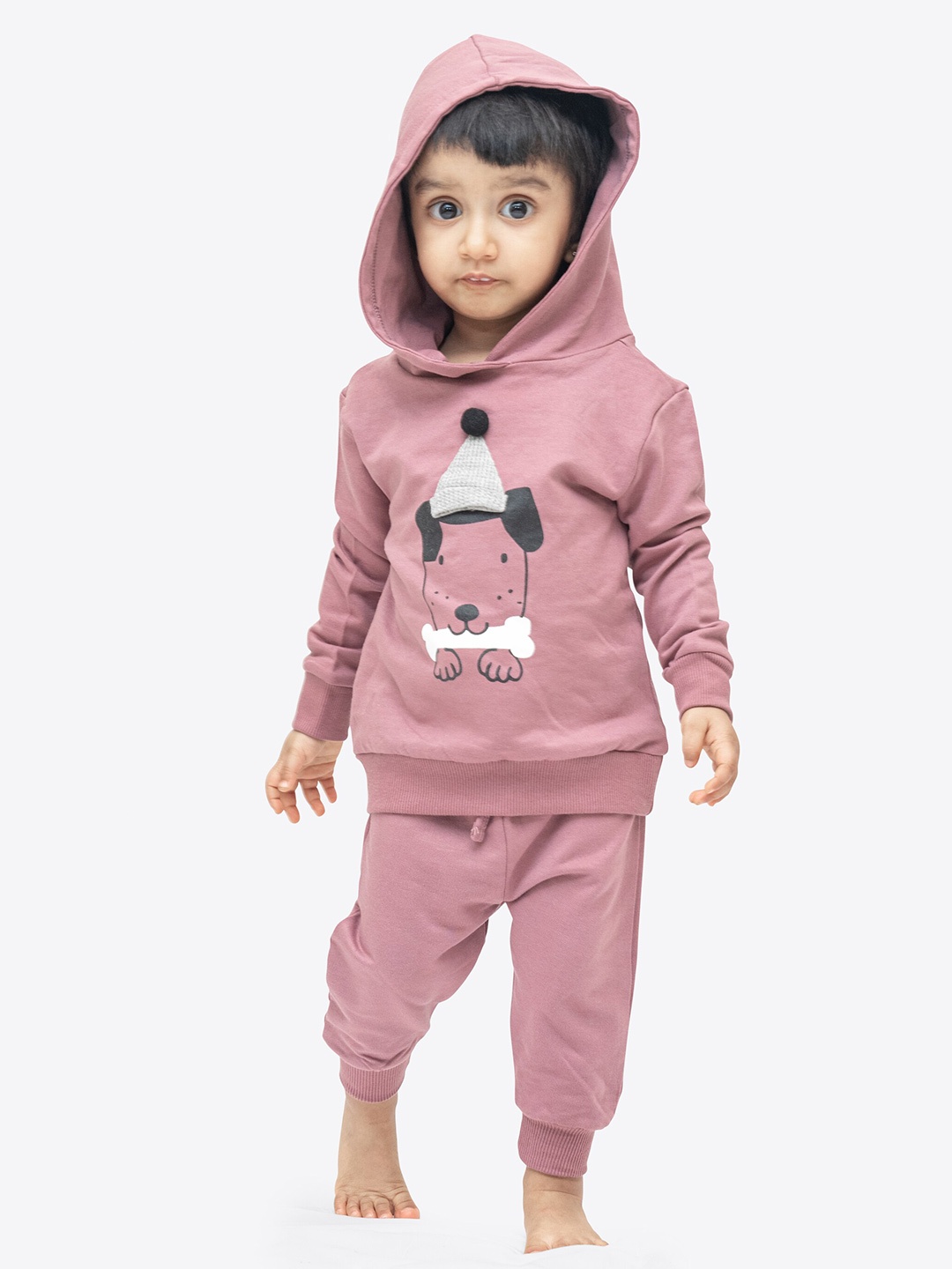 

ariel Kids Self Design Hooded Cotton Sweatshirt With Jogger, Mauve