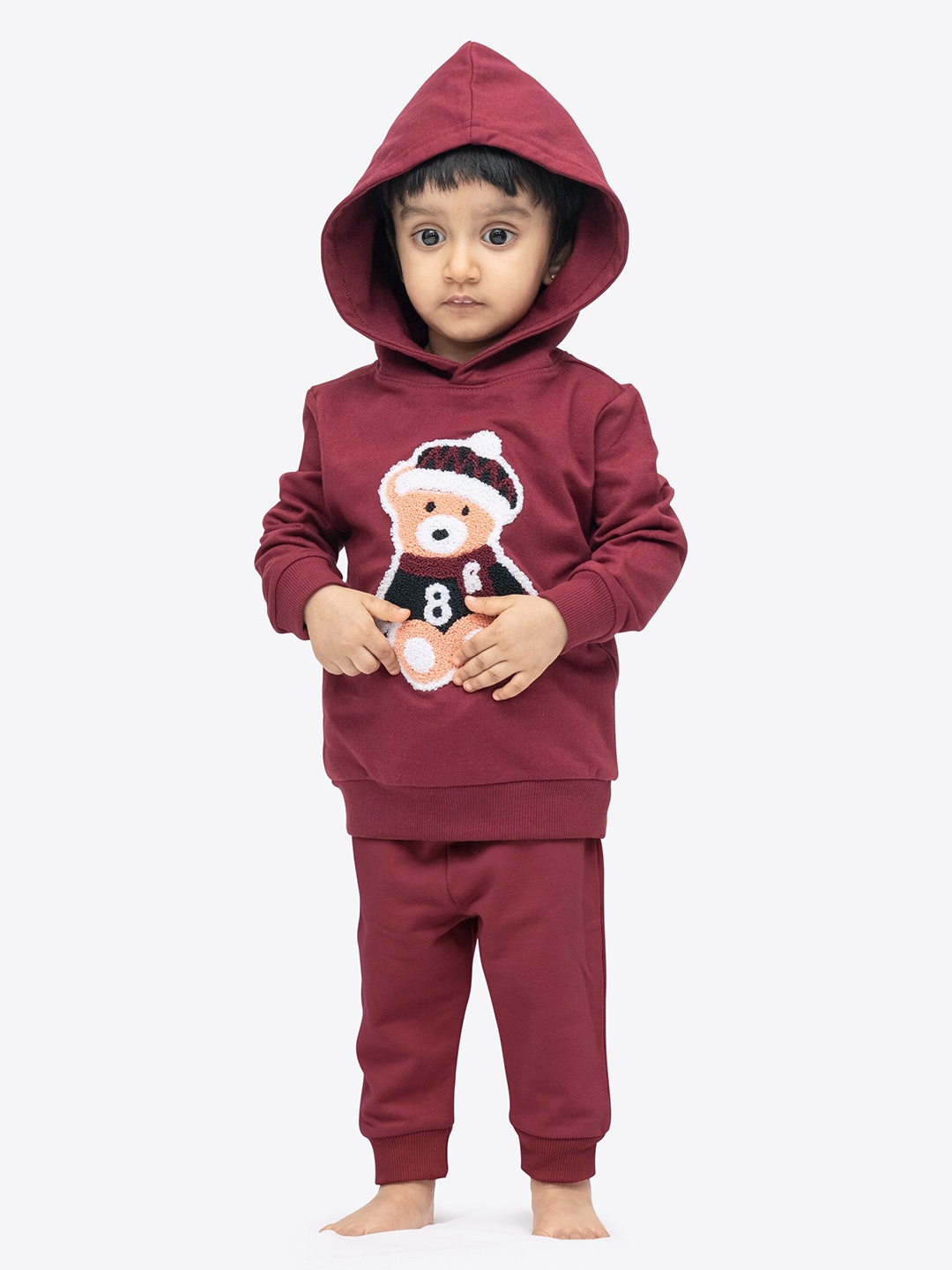 

ariel Kids Self Design Hooded Cotton Sweatshirt With Jogger, Maroon
