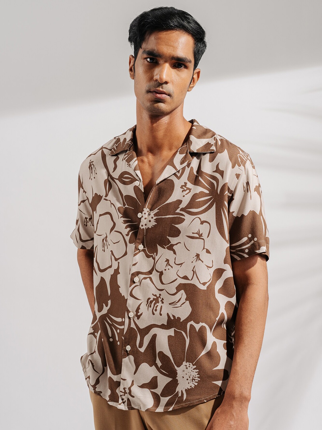 

FREAKINS Floral Printed Drop-Shoulder Sleeves Twill Casual Shirt, Beige