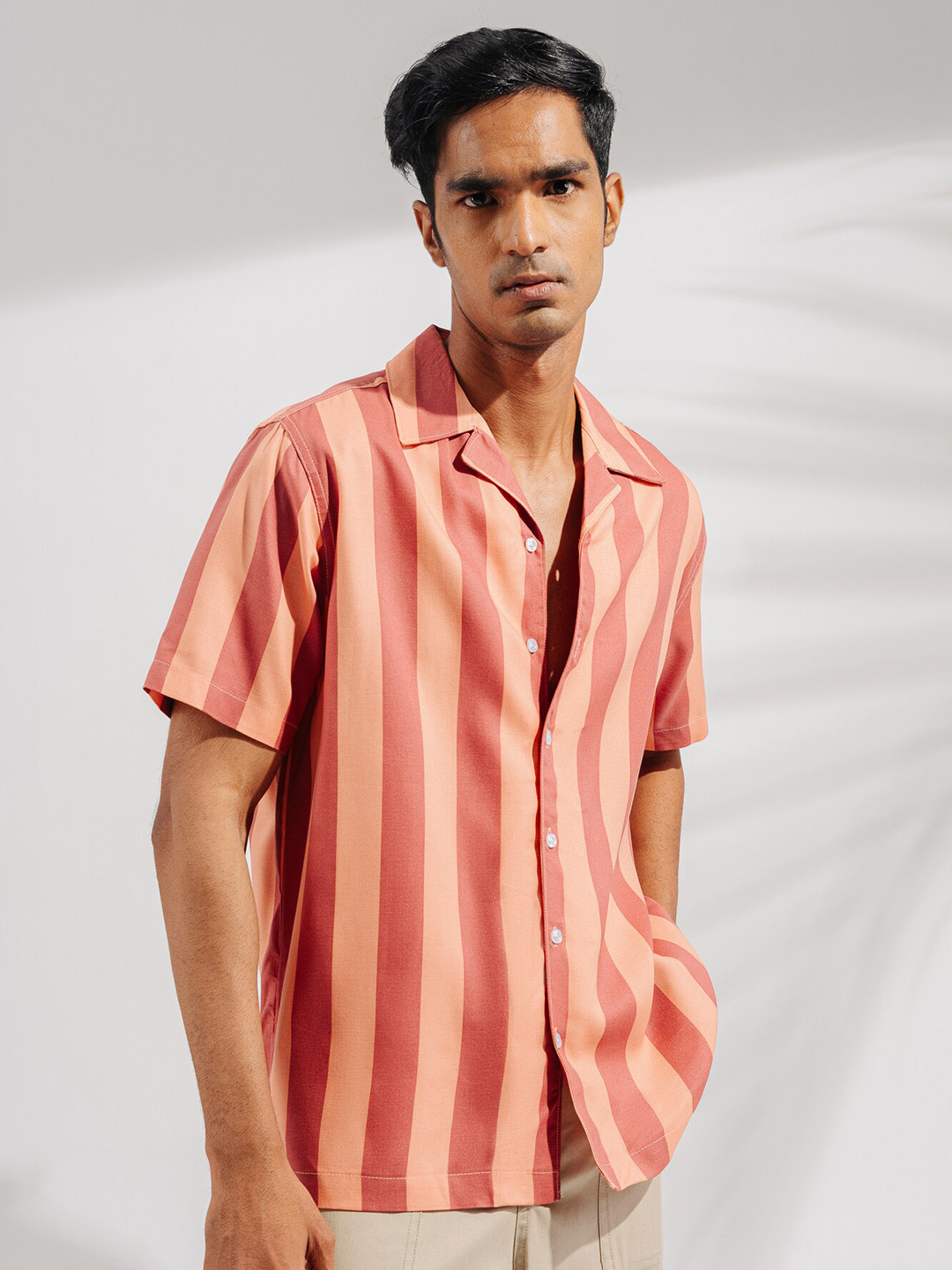 

FREAKINS Striped Cuban Collar Twill Shirt, Pink