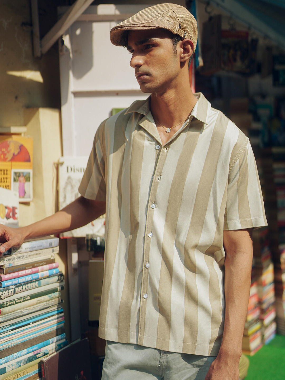 

FREAKINS Striped Cuban Collar Twill Shirt, Beige