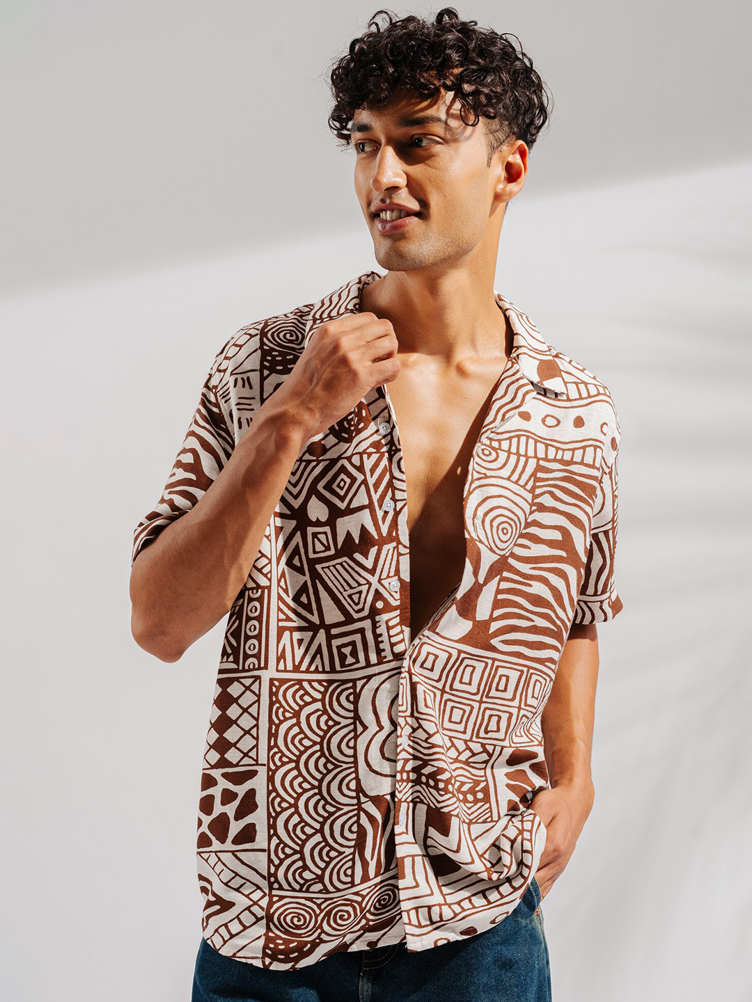 

FREAKINS Ethnic Motifs Printed Cuban Collar Shirt, Brown