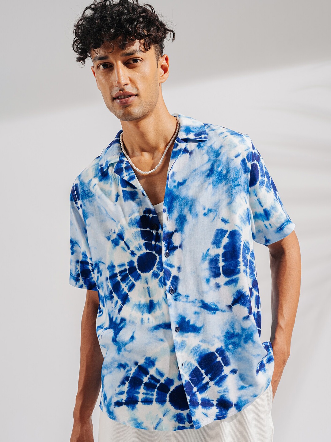 

FREAKINS Tie And Dye Cuban Collar Twill Shirt, Blue