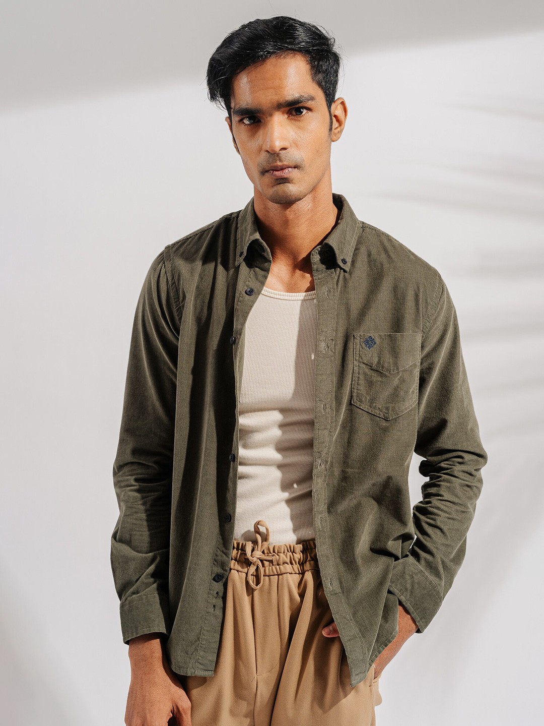 

FREAKINS Button-Down Collar Pure Cotton Casual Shirt, Olive