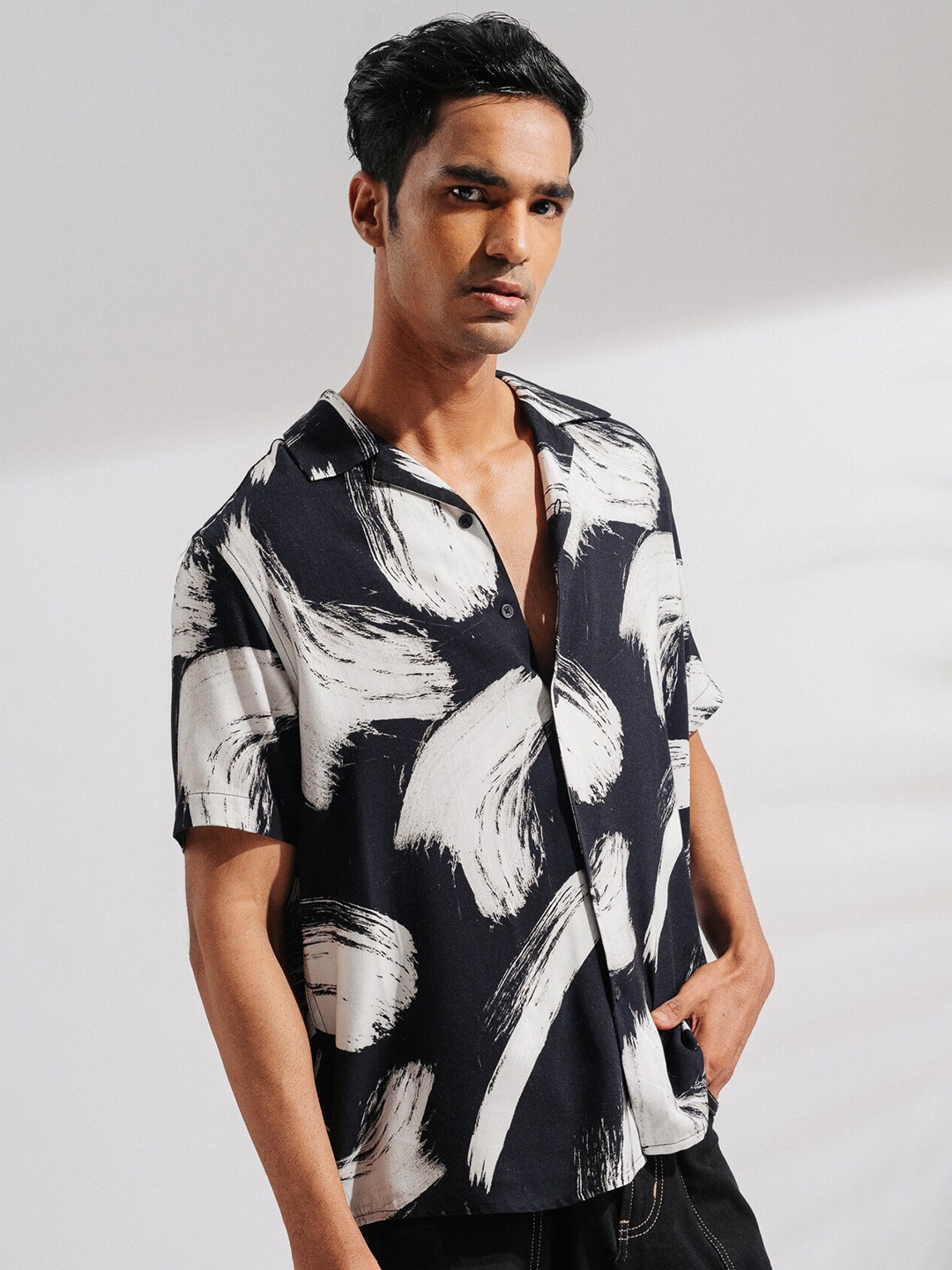 

FREAKINS Abstract Printed Cuban Collar Twill Shirt, Black