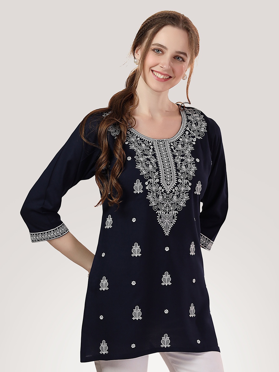 

keshubaba Ethnic Motifs Embroidered Chikankari Kurti, Navy blue