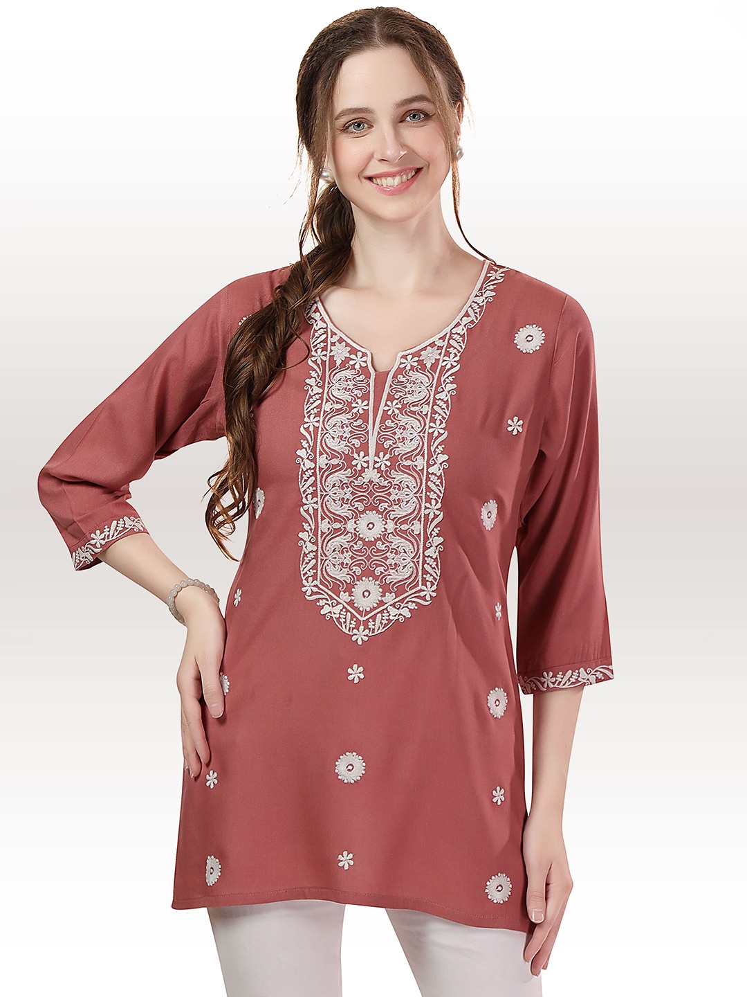 

keshubaba Ethnic Motifs Chikankari Embroidered Three-Quarter Sleeve Straight Kurti, Maroon