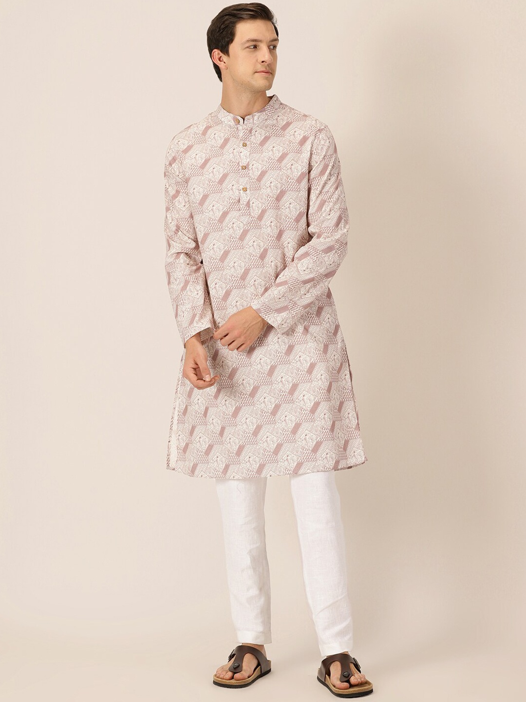 

HERE&NOW Ethnic Motif Band Collar Printed Pure Cotton Straight Kurta, White