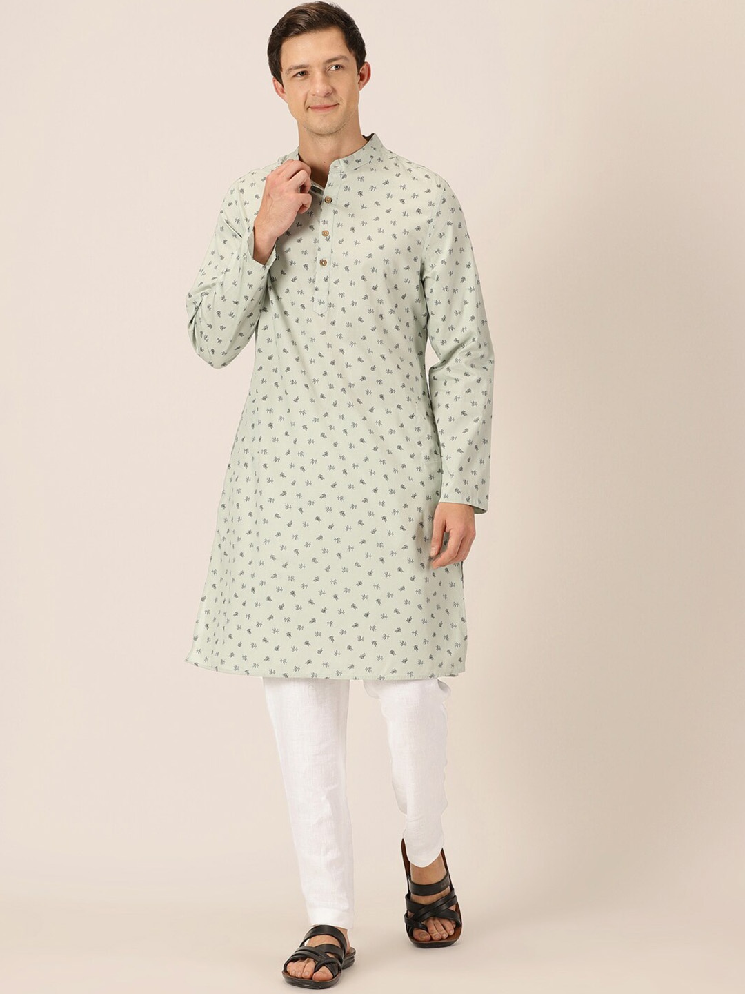

HERE&NOW Green & Black Floral Printed Band Collar Pure Cotton Straight Kurta