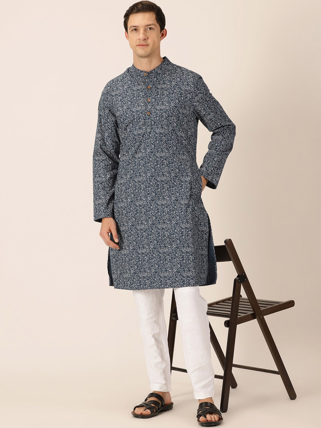 

HERE&NOW Abstract Printed Pure Cotton Straight Kurta, Navy blue