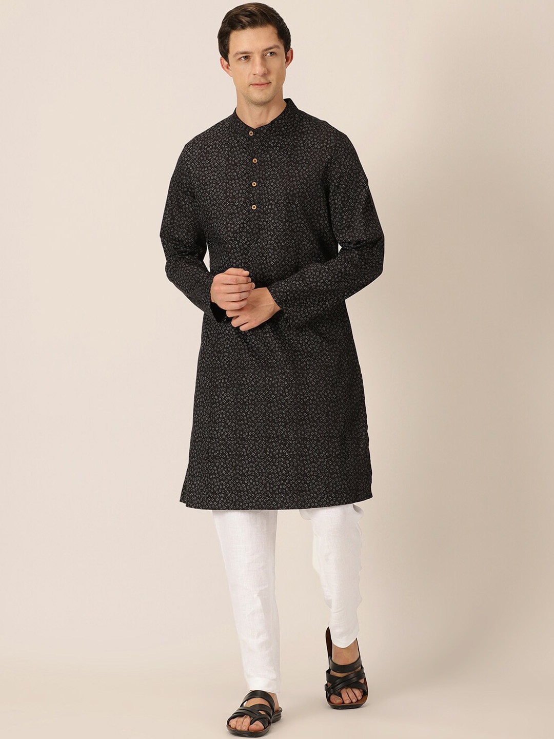 

HERE&NOW Floral Printed Straight Pure Cotton Kurta, Black