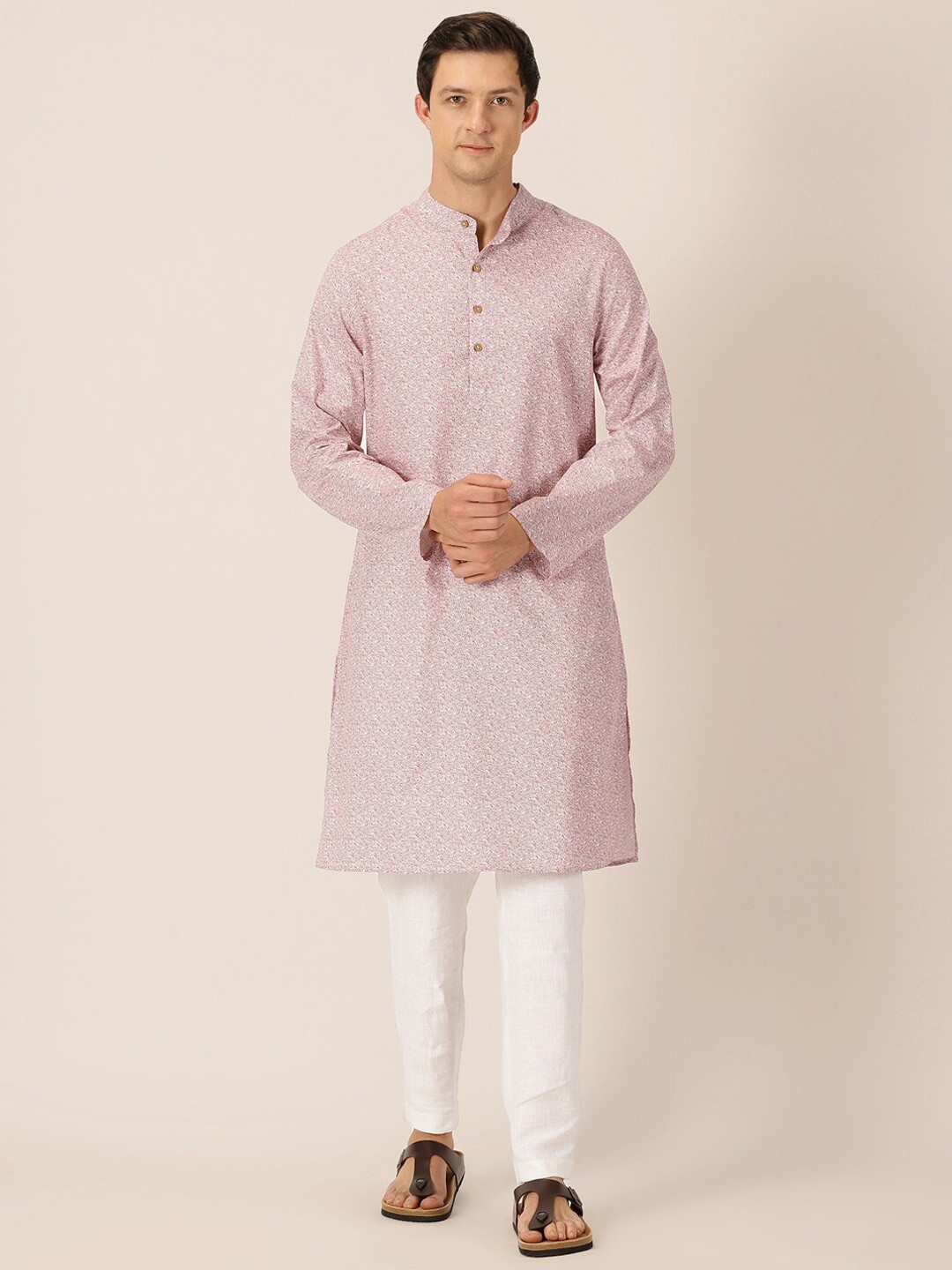 

HERE&NOW Floral Printed Band Collar Straight Kurta, Maroon