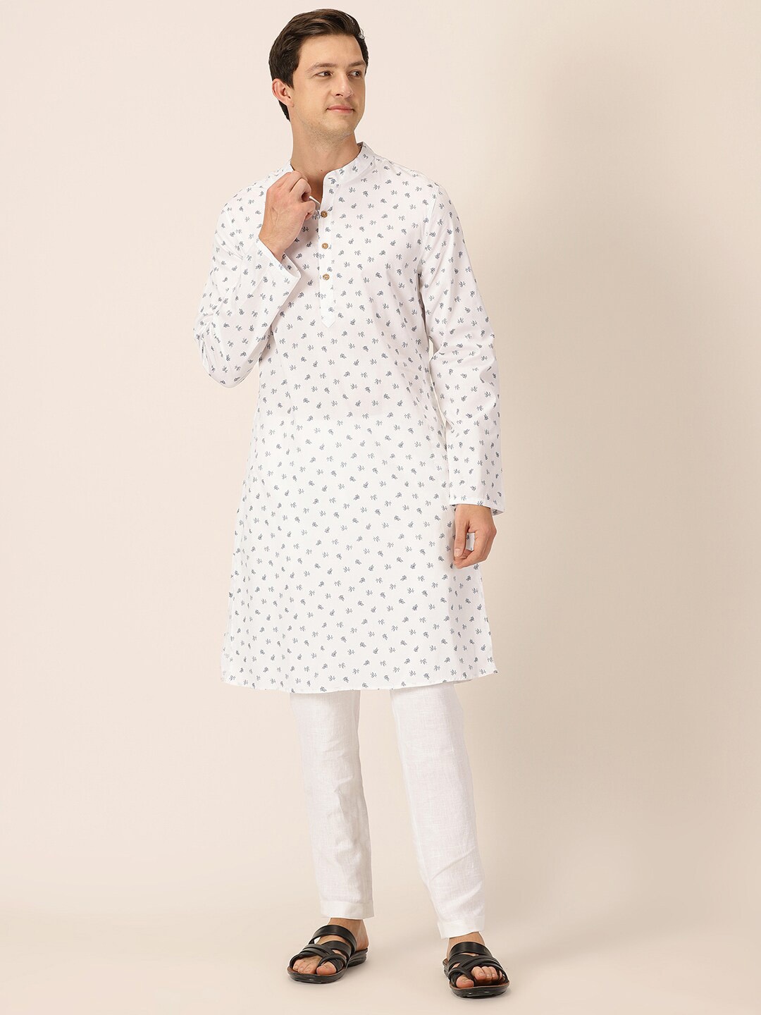 

HERE&NOW White & Blue Floral Printed Band Collar Pure Cotton Straight Kurta